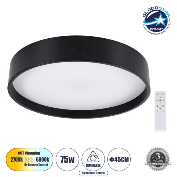 GloboStar® NARNIA 61257 Πλαφονιέρα Οροφής LED CCT 75W 8625lm 120° AC 220-240V - Εναλλαγή Φωτισμού μέσω Τηλεχειριστηρίου All In One Ψυχρό 6000k+Φυσικό 4500k+Θερμό 2700k Dimmable Φ45 x Υ8cm - Μαύρο - 3 Years Warranty