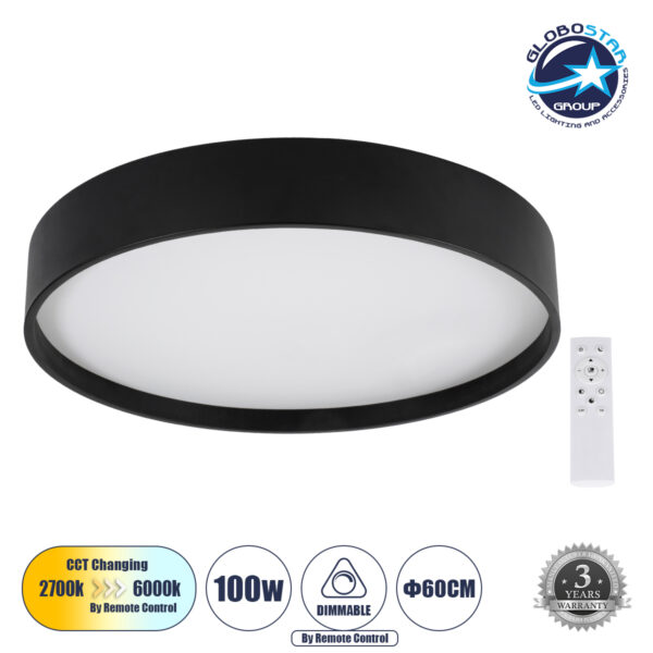 GloboStar® NARNIA 61259 Πλαφονιέρα Οροφής LED CCT 100W 11500lm 120° AC 220-240V - Εναλλαγή Φωτισμού μέσω Τηλεχειριστηρίου All In One Ψυχρό 6000k+Φυσικό 4500k+Θερμό 2700k Dimmable Φ60 x Υ10cm - Μαύρο - 3 Years Warranty