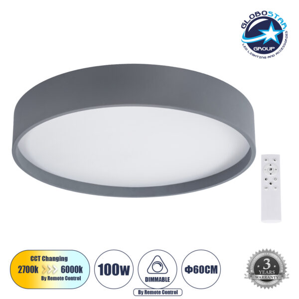 GloboStar® NARNIA 61260 Πλαφονιέρα Οροφής LED CCT 100W 11500lm 120° AC 220-240V - Εναλλαγή Φωτισμού μέσω Τηλεχειριστηρίου All In One Ψυχρό 6000k+Φυσικό 4500k+Θερμό 2700k Dimmable Φ60 x Υ10cm - Γκρι Ανθρακί - 3 Years Warranty