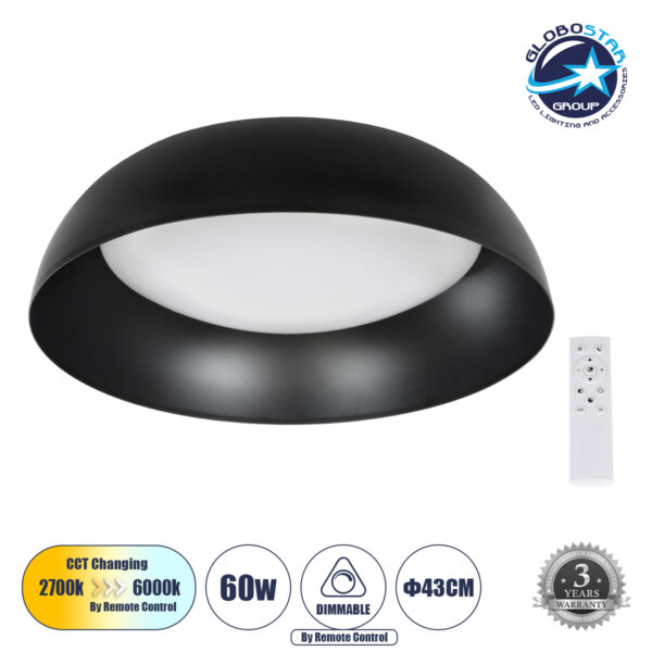 GloboStar® ANATOLIA 61261 Πλαφονιέρα Οροφής LED CCT 60W 6900lm 120° AC 220-240V - Εναλλαγή Φωτισμού μέσω Τηλεχειριστηρίου All In One Ψυχρό 6000k+Φυσικό 4500k+Θερμό 2700k Dimmable Φ43cm - Μαύρο - 3 Years Warranty