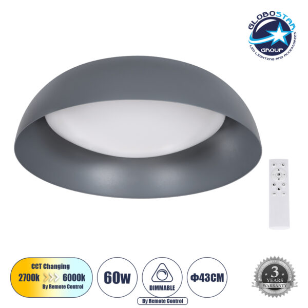 GloboStar® ANATOLIA 61262 Πλαφονιέρα Οροφής LED CCT 60W 6900lm 120° AC 220-240V - Εναλλαγή Φωτισμού μέσω Τηλεχειριστηρίου All In One Ψυχρό 6000k+Φυσικό 4500k+Θερμό 2700k Dimmable Φ43cm - Γκρι Ανθρακί - 3 Years Warranty