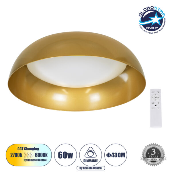 GloboStar® ANATOLIA 61263 Πλαφονιέρα Οροφής LED CCT 60W 6900lm 120° AC 220-240V - Εναλλαγή Φωτισμού μέσω Τηλεχειριστηρίου All In One Ψυχρό 6000k+Φυσικό 4500k+Θερμό 2700k Dimmable Φ43cm - Χρυσό - 3 Years Warranty