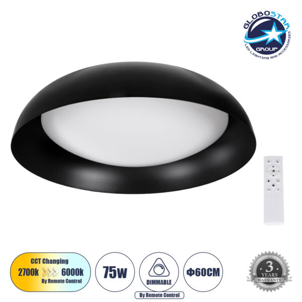 GloboStar® ANATOLIA 61264 Πλαφονιέρα Οροφής LED CCT 75W 8625lm 120° AC 220-240V - Εναλλαγή Φωτισμού μέσω Τηλεχειριστηρίου All In One Ψυχρό 6000k+Φυσικό 4500k+Θερμό 2700k Dimmable Φ60cm - Μαύρο - 3 Years Warranty