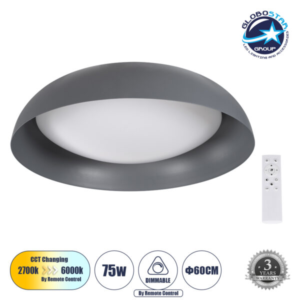 GloboStar® ANATOLIA 61265 Πλαφονιέρα Οροφής LED CCT 75W 8625lm 120° AC 220-240V - Εναλλαγή Φωτισμού μέσω Τηλεχειριστηρίου All In One Ψυχρό 6000k+Φυσικό 4500k+Θερμό 2700k Dimmable Φ60cm - Γκρι Ανθρακί - 3 Years Warranty