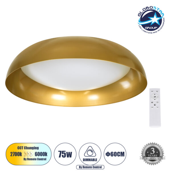 GloboStar® ANATOLIA 61266 Πλαφονιέρα Οροφής LED CCT 75W 8625lm 120° AC 220-240V - Εναλλαγή Φωτισμού μέσω Τηλεχειριστηρίου All In One Ψυχρό 6000k+Φυσικό 4500k+Θερμό 2700k Dimmable Φ60cm - Χρυσό - 3 Years Warranty