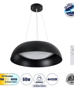 GloboStar® ANATOLIA 61267 Κρεμαστή Πλαφονιέρα Οροφής LED CCT 60W 6900lm 120° AC 220-240V – Εναλλαγή Φωτισμού μέσω Τηλεχειριστηρίου All In One Ψυχρό 6000k+Φυσικό 4500k+Θερμό 2700k Dimmable Φ43cm – Μαύρο – 3 Years Warranty