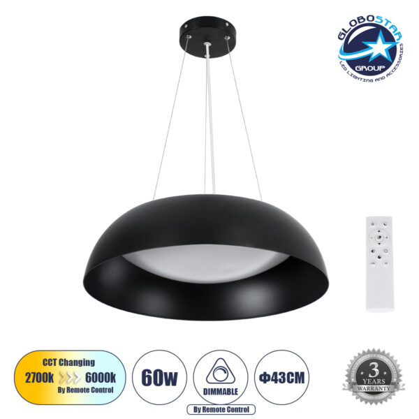 GloboStar® ANATOLIA 61267 Κρεμαστή Πλαφονιέρα Οροφής LED CCT 60W 6900lm 120° AC 220-240V - Εναλλαγή Φωτισμού μέσω Τηλεχειριστηρίου All In One Ψυχρό 6000k+Φυσικό 4500k+Θερμό 2700k Dimmable Φ43cm - Μαύρο - 3 Years Warranty