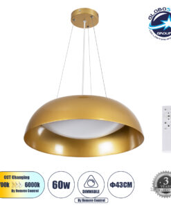 GloboStar® ANATOLIA 61268 Κρεμαστή Πλαφονιέρα Οροφής LED CCT 60W 6900lm 120° AC 220-240V – Εναλλαγή Φωτισμού μέσω Τηλεχειριστηρίου All In One Ψυχρό 6000k+Φυσικό 4500k+Θερμό 2700k Dimmable Φ43cm – Χρυσό – 3 Years Warranty