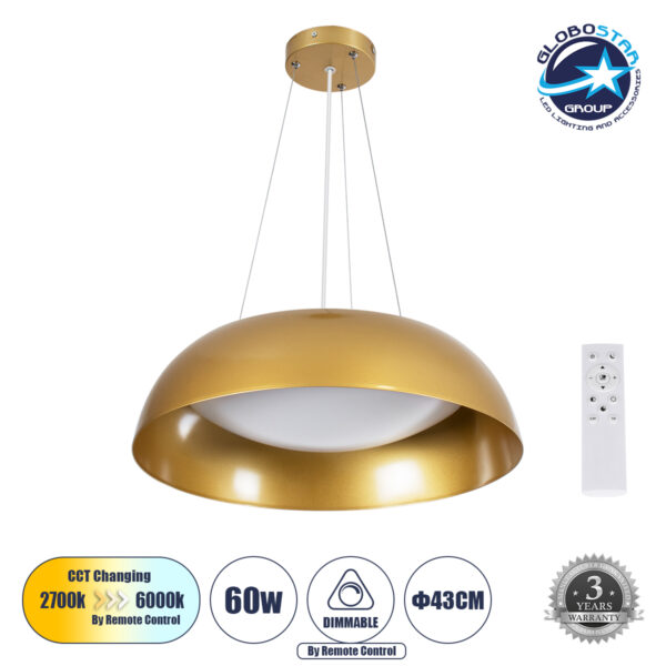 GloboStar® ANATOLIA 61268 Κρεμαστή Πλαφονιέρα Οροφής LED CCT 60W 6900lm 120° AC 220-240V - Εναλλαγή Φωτισμού μέσω Τηλεχειριστηρίου All In One Ψυχρό 6000k+Φυσικό 4500k+Θερμό 2700k Dimmable Φ43cm - Χρυσό - 3 Years Warranty