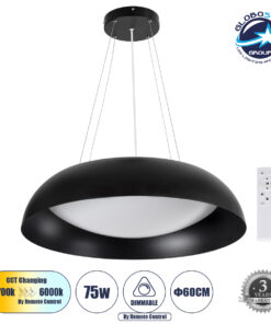 GloboStar® ANATOLIA 61269 Κρεμαστή Πλαφονιέρα Οροφής LED CCT 75W 8625lm 120° AC 220-240V – Εναλλαγή Φωτισμού μέσω Τηλεχειριστηρίου All In One Ψυχρό 6000k+Φυσικό 4500k+Θερμό 2700k Dimmable Φ60cm – Μαύρο – 3 Years Warranty