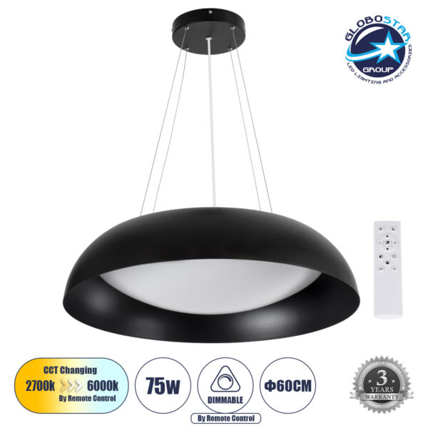 GloboStar® ANATOLIA 61269 Κρεμαστή Πλαφονιέρα Οροφής LED CCT 75W 8625lm 120° AC 220-240V - Εναλλαγή Φωτισμού μέσω Τηλεχειριστηρίου All In One Ψυχρό 6000k+Φυσικό 4500k+Θερμό 2700k Dimmable Φ60cm - Μαύρο - 3 Years Warranty