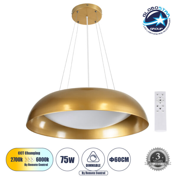 GloboStar® ANATOLIA 61270 Κρεμαστή Πλαφονιέρα Οροφής LED CCT 75W 8625lm 120° AC 220-240V - Εναλλαγή Φωτισμού μέσω Τηλεχειριστηρίου All In One Ψυχρό 6000k+Φυσικό 4500k+Θερμό 2700k Dimmable Φ60cm - Χρυσό - 3 Years Warranty