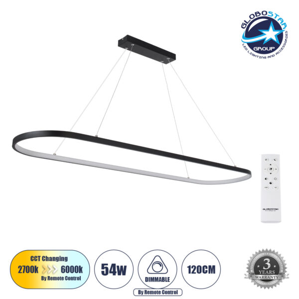 GloboStar® BOLIVAR 61271 Κρεμαστό Φωτιστικό Οροφής Design LED CCT 54W 6210lm 300° AC 220-240V - Εναλλαγή Φωτισμού μέσω Τηλεχειριστηρίου All In One Ψυχρό 6000k+Φυσικό 4500k+Θερμό 2700k Dimmable Μ120 x Π30 x Υ2cm - Μαύρο - 3 Years Warranty