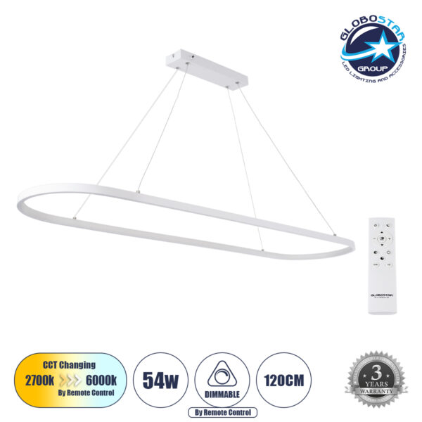 GloboStar® BOLIVAR 61272 Κρεμαστό Φωτιστικό Οροφής Design LED CCT 54W 6210lm 300° AC 220-240V - Εναλλαγή Φωτισμού μέσω Τηλεχειριστηρίου All In One Ψυχρό 6000k+Φυσικό 4500k+Θερμό 2700k Dimmable Μ120 x Π30 x Υ2cm - Λευκό - 3 Years Warranty