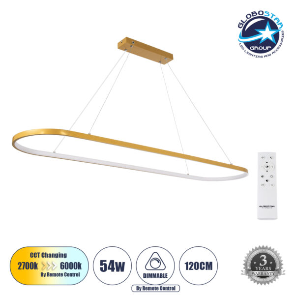 GloboStar® BOLIVAR 61274 Κρεμαστό Φωτιστικό Οροφής Design LED CCT 54W 6210lm 300° AC 220-240V - Εναλλαγή Φωτισμού μέσω Τηλεχειριστηρίου All In One Ψυχρό 6000k+Φυσικό 4500k+Θερμό 2700k Dimmable Μ120 x Π30 x Υ2cm - Χρυσό Βούρτσας - 3 Years Warranty