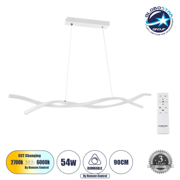 GloboStar® MORALES 61276 Κρεμαστό Φωτιστικό Οροφής Design LED CCT 54W 6048lm 200° AC 220-240V - Εναλλαγή Φωτισμού μέσω Τηλεχειριστηρίου All In One Ψυχρό 6000k+Φυσικό 4500k+Θερμό 2700k Dimmable Μ90 x Π14 x Υ14cm - Λευκό - 3 Years Warranty