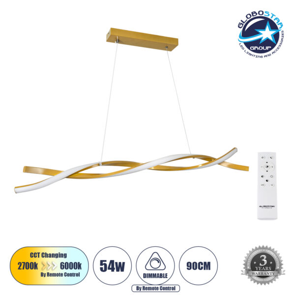 GloboStar® MORALES 61278 Κρεμαστό Φωτιστικό Οροφής Design LED CCT 54W 6048lm 200° AC 220-240V - Εναλλαγή Φωτισμού μέσω Τηλεχειριστηρίου All In One Ψυχρό 6000k+Φυσικό 4500k+Θερμό 2700k Dimmable Μ90 x Π14 x Υ14cm - Χρυσό Πλατίνα - 3 Years Warranty