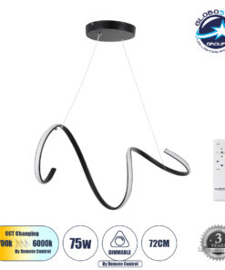 GloboStar® SPIRALE 61283 Κρεμαστό Φωτιστικό Οροφής Design LED CCT 75W 8400lm 300° AC 220-240V – Εναλλαγή Φωτισμού μέσω Τηλεχειριστηρίου All In One Ψυχρό 6000k+Φυσικό 4500k+Θερμό 2700k Dimmable Μ72 x Π25 x Υ18cm – Μαύρο – 3 Years Warranty