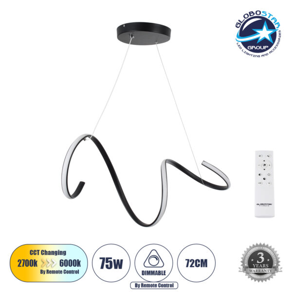 GloboStar® SPIRALE 61283 Κρεμαστό Φωτιστικό Οροφής Design LED CCT 75W 8400lm 300° AC 220-240V - Εναλλαγή Φωτισμού μέσω Τηλεχειριστηρίου All In One Ψυχρό 6000k+Φυσικό 4500k+Θερμό 2700k Dimmable Μ72 x Π25 x Υ18cm - Μαύρο - 3 Years Warranty