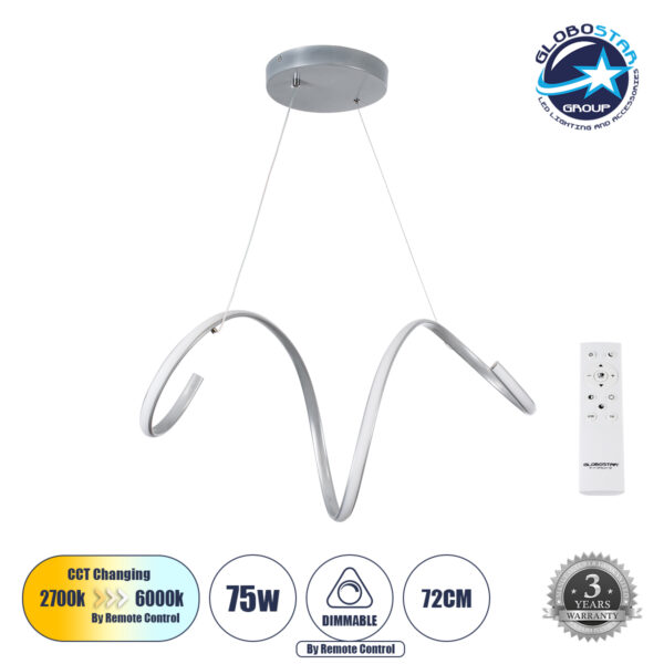 GloboStar® SPIRALE 61285 Κρεμαστό Φωτιστικό Οροφής Design LED CCT 75W 8400lm 300° AC 220-240V - Εναλλαγή Φωτισμού μέσω Τηλεχειριστηρίου All In One Ψυχρό 6000k+Φυσικό 4500k+Θερμό 2700k Dimmable Μ72 x Π25 x Υ18cm - Νίκελ Ασημί Βούρτσας - 3 Years Warranty