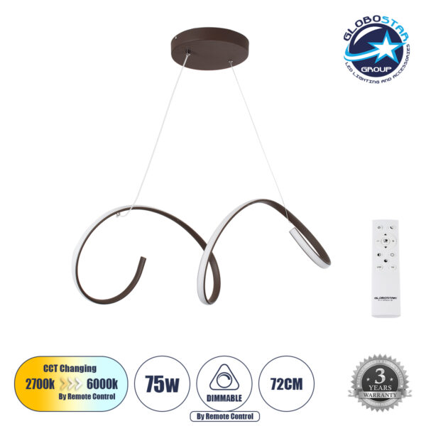 GloboStar® SPIRALE 61287 Κρεμαστό Φωτιστικό Οροφής Design LED CCT 75W 8400lm 300° AC 220-240V - Εναλλαγή Φωτισμού μέσω Τηλεχειριστηρίου All In One Ψυχρό 6000k+Φυσικό 4500k+Θερμό 2700k Dimmable Μ72 x Π25 x Υ18cm - Καφέ - 3 Years Warranty