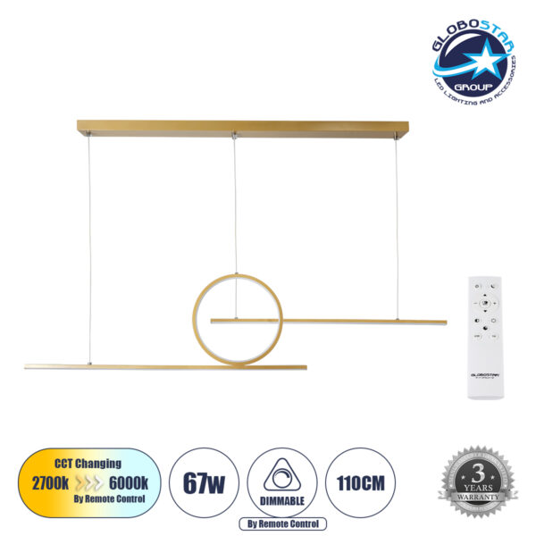 GloboStar® TEREZA 61289 Κρεμαστό Φωτιστικό Οροφής Design LED CCT 67W 7504lm 300° AC 220-240V - Εναλλαγή Φωτισμού μέσω Τηλεχειριστηρίου All In One Ψυχρό 6000k+Φυσικό 4500k+Θερμό 2700k Dimmable Μ110 x Π4.5 x Υ34cm - Χρυσό Πλατίνα - 3 Years Warranty