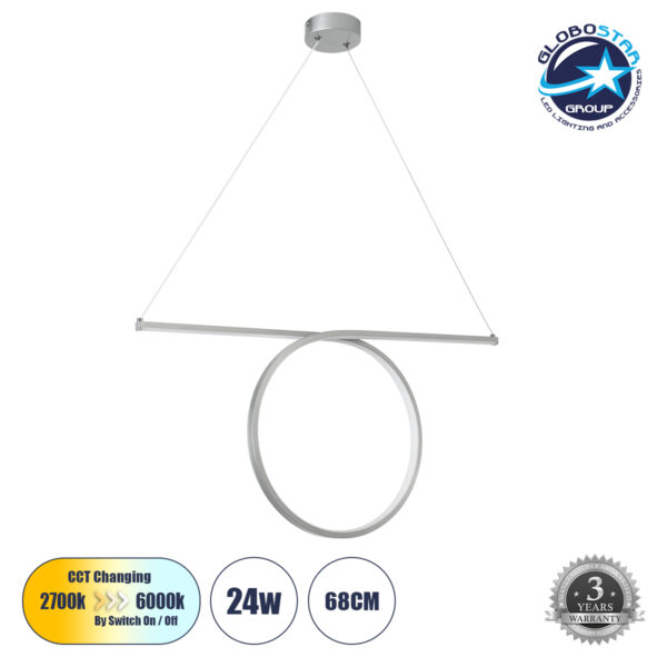 GloboStar® ROME 61296 Κρεμαστό Φωτιστικό Οροφής Linear Design LED CCT 24W 2640lm 200° AC 220-240V - Εναλλαγή Φωτισμού μέσω Διακόπτη On/Off All In One Ψυχρό 6000k+Φυσικό 4500k+Θερμό 2700k Μ65.5 x Π4 x Υ33cm - Ασημί Βούρτσας - 3 Years Warranty