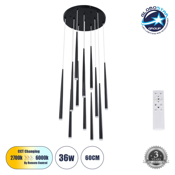 GloboStar® TEARS 61313 Κρεμαστό Φωτιστικό Οροφής Design LED CCT 36W 3960lm 180° AC 220-240V - Εναλλαγή Φωτισμού μέσω Τηλεχειριστηρίου All In One Ψυχρό 6000k+Φυσικό 4500k+Θερμό 2700k Dimmable Φ60 x Υ51.5cm - Μαύρο - 3 Years Warranty