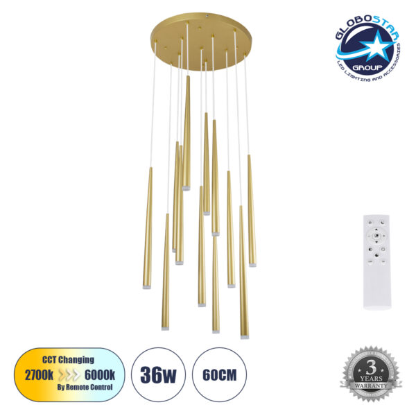 GloboStar® TEARS 61314 Κρεμαστό Φωτιστικό Οροφής Design LED CCT 36W 3960lm 180° AC 220-240V - Εναλλαγή Φωτισμού μέσω Τηλεχειριστηρίου All In One Ψυχρό 6000k+Φυσικό 4500k+Θερμό 2700k Dimmable Φ60 x Υ51.5cm - Χρυσό Βούρτσας - 3 Years Warranty