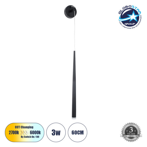 GloboStar® TEARS 61315 Φωτιστικό Τοίχου - Απλίκα Design LED CCT 3W 330lm 180° AC 220-240V - Εναλλαγή Φωτισμού μέσω Διακόπτη On/Off All In One Ψυχρό 6000k+Φυσικό 4500k+Θερμό 2700k Φ3.2 x Υ51.5cm - Μαύρο - 3 Years Warranty