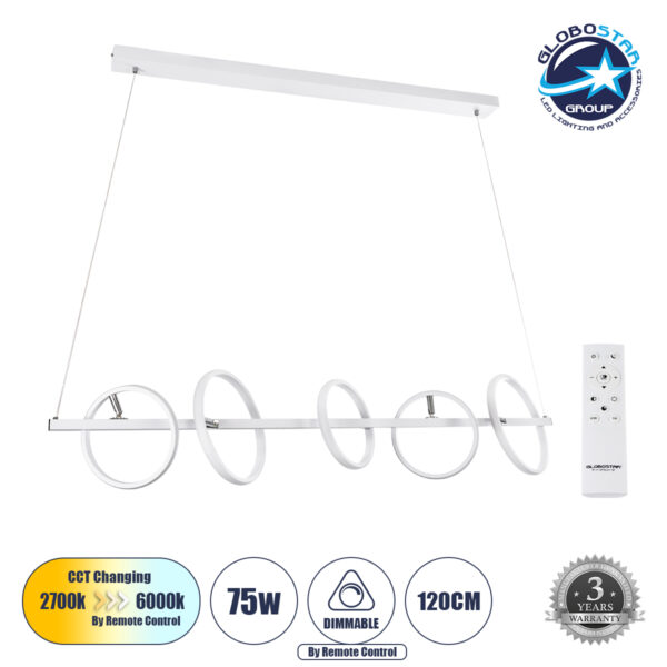 GloboStar® CIRCOLARE 61320 Κρεμαστό Φωτιστικό Οροφής Design LED CCT 75W 8400lm 360° AC 220-240V - Εναλλαγή Φωτισμού μέσω Τηλεχειριστηρίου All In One Ψυχρό 6000k+Φυσικό 4500k+Θερμό 2700k Dimmable Μ120 x Π25 x Υ25cm - Λευκό - 3 Χρόνια Εγγύηση