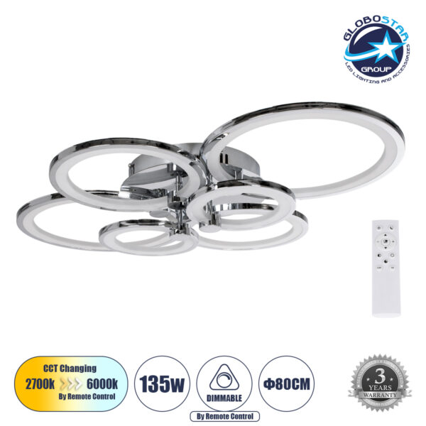 GloboStar® ROYAL-R 61324 Φωτιστικό Οροφής Design LED CCT 135W 16200lm 360° AC 220-240V - Εναλλαγή Φωτισμού μέσω Τηλεχειριστηρίου All In One Ψυχρό 6000k+Φυσικό 4500k+Θερμό 2700k Dimmable Μ80.5 x Π59 x Υ12cm - Νίκελ Χρώμιο - 3 Years Warranty