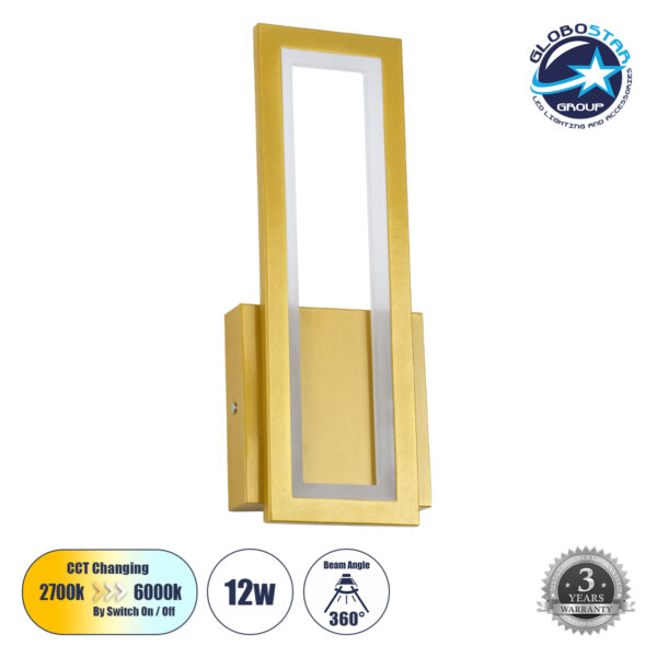 GloboStar® TIARA 61328 Φωτιστικό Τοίχου - Απλίκα Design LED CCT 12W 1440lm 360° AC 220-240V - Εναλλαγή Φωτισμού μέσω Διακόπτη On/Off All In One Ψυχρό 6000k+Φυσικό 4500k+Θερμό 2700k Μ12.5 x Π4 x Υ32cm - Χρυσό - 3 Years Warranty