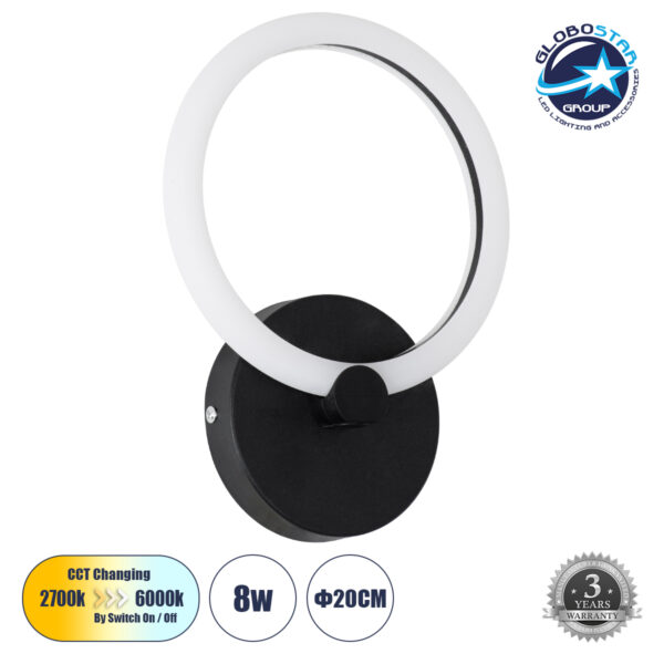 GloboStar® MATILDA 61339 Φωτιστικό Τοίχου - Απλίκα Design LED CCT 8W 960lm 360° AC 220-240V - Εναλλαγή Φωτισμού μέσω Διακόπτη On/Off All In One Ψυχρό 6000k+Φυσικό 4500k+Θερμό 2700k Μ20 x Π5 x Υ25.5cm - Μαύρο - 3 Years Warranty