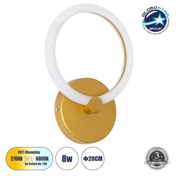 GloboStar® MATILDA 61340 Φωτιστικό Τοίχου - Απλίκα Design LED CCT 8W 960lm 360° AC 220-240V - Εναλλαγή Φωτισμού μέσω Διακόπτη On/Off All In One Ψυχρό 6000k+Φυσικό 4500k+Θερμό 2700k Μ20 x Π5 x Υ25.5cm - Χρυσό - 3 Years Warranty