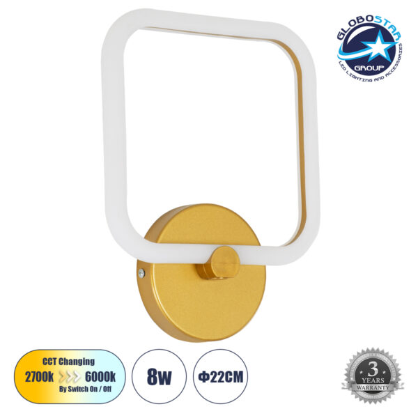 GloboStar® ELIZA 61344 Φωτιστικό Τοίχου - Απλίκα Design LED CCT 8W 960lm 360° AC 220-240V - Εναλλαγή Φωτισμού μέσω Διακόπτη On/Off All In One Ψυχρό 6000k+Φυσικό 4500k+Θερμό 2700k Μ22 x Π5 x Υ28.5cm - Χρυσό - 3 Years Warranty