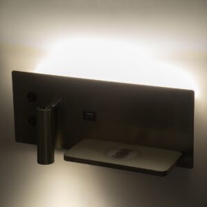 GloboStar® PALADIN 61356 Μοντέρνο Φωτιστικό Τοίχου – Απλίκα Ξενοδοχείου Bed Side LED 6W 720lm 36° AC 220-240V – Reading Light & Κρυφός Φωτισμός – Φορτιστές USB 3A & Wireless 20W – Μ30 x Π11 x Υ12cm – Φυσικό Λευκό 4500K – Νίκελ Βούρτσας – Δεξί
