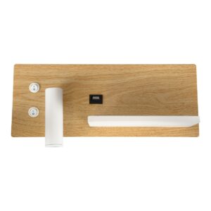 GloboStar® PALADIN 61359 Μοντέρνο Φωτιστικό Τοίχου – Απλίκα Ξενοδοχείου Bed Side LED 6W 720lm 36° AC 220-240V – Reading Light & Κρυφός Φωτισμός – Φορτιστές USB 3A & Wireless 20W – Μ30 x Π11 x Υ12cm – Φυσικό Λευκό 4500K – Ξύλο & Λευκό – Αριστερό