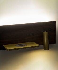 GloboStar® PALADIN 61361 Μοντέρνο Φωτιστικό Τοίχου – Απλίκα Ξενοδοχείου Bed Side LED 6W 720lm 36° AC 220-240V – Reading Light & Κρυφός Φωτισμός – Φορτιστές USB 3A & Wireless 20W – Μ30 x Π11 x Υ12cm – Φυσικό Λευκό 4500K – Ξύλο & Χρυσό – Αριστερό