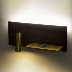 GloboStar® PALADIN 61362 Μοντέρνο Φωτιστικό Τοίχου – Απλίκα Ξενοδοχείου Bed Side LED 6W 720lm 36° AC 220-240V – Reading Light & Κρυφός Φωτισμός – Φορτιστές USB 3A & Wireless 20W – Μ30 x Π11 x Υ12cm – Φυσικό Λευκό 4500K – Ξύλο & Χρυσό – Δεξί