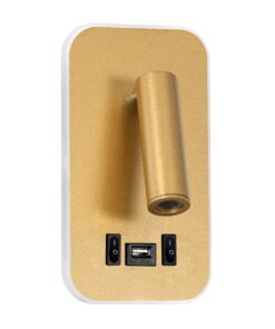 GloboStar® LADY-O 61366 Μοντέρνο Φωτιστικό Τοίχου – Απλίκα Ξενοδοχείου Bed Side LED 10W 1000lm 36° & 360° AC 220-240V – Reading Light & 360° Κρυφός Φωτισμός – Φορτιστής USB 3A – Μ10.5 x Π10 x Υ18.5cm – Φυσικό Λευκό 4500K – Χρυσό Βούρτσας