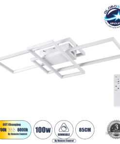GloboStar® QUADRA 61386 Φωτιστικό Οροφής Design LED CCT 100W 12000lm 120° AC 220-240V – Εναλλαγή Φωτισμού μέσω Τηλεχειριστηρίου All In One Ψυχρό 6000k+Φυσικό 4500k+Θερμό 2700k Dimmable Μ85 x Π45 x Υ9cm – Λευκό – 3 Years Warranty
