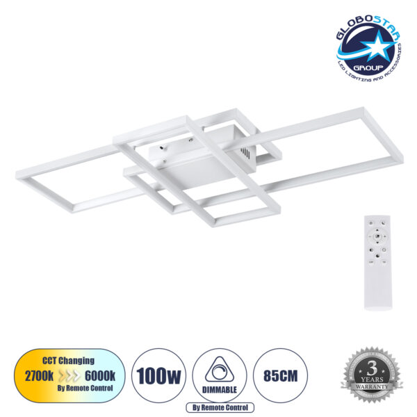 GloboStar® QUADRA 61386 Φωτιστικό Οροφής Design LED CCT 100W 12000lm 120° AC 220-240V - Εναλλαγή Φωτισμού μέσω Τηλεχειριστηρίου All In One Ψυχρό 6000k+Φυσικό 4500k+Θερμό 2700k Dimmable Μ85 x Π45 x Υ9cm - Λευκό - 3 Years Warranty