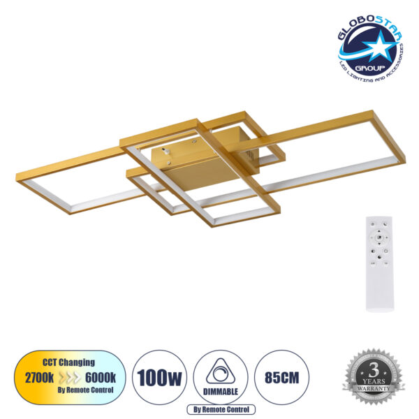 GloboStar® QUADRA 61387 Φωτιστικό Οροφής Design LED CCT 100W 12000lm 120° AC 220-240V - Εναλλαγή Φωτισμού μέσω Τηλεχειριστηρίου All In One Ψυχρό 6000k+Φυσικό 4500k+Θερμό 2700k Dimmable Μ85 x Π45 x Υ9cm - Χρυσό Βούρτσας- 3 Years Warranty