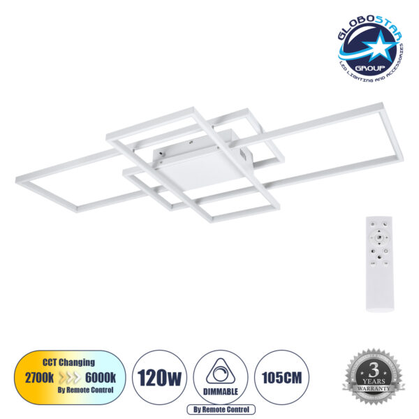 GloboStar® QUADRA 61389 Φωτιστικό Οροφής Design LED CCT 120W 14400lm 120° AC 220-240V - Εναλλαγή Φωτισμού μέσω Τηλεχειριστηρίου All In One Ψυχρό 6000k+Φυσικό 4500k+Θερμό 2700k Dimmable Μ105 x Π60 x Υ19cm - Λευκό - 3 Years Warranty