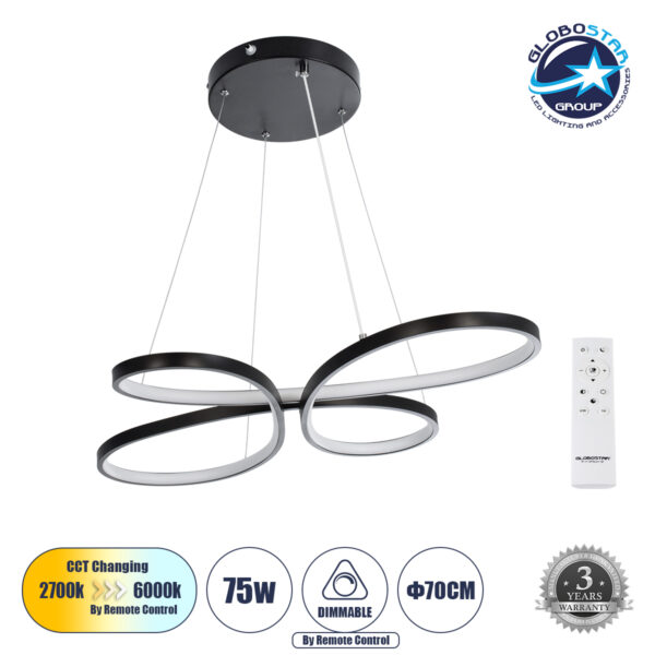 GloboStar® BUTTERFLY 61391 Κρεμαστό Φωτιστικό Οροφής Design LED CCT 75W 8400lm 300° AC 220-240V - Εναλλαγή Φωτισμού μέσω Τηλεχειριστηρίου All In One Ψυχρό 6000k+Φυσικό 4500k+Θερμό 2700k Dimmable Μ71 x Π52 x Υ4cm - Μαύρο - 3 Years Warranty