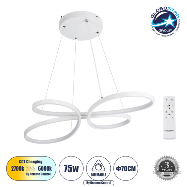 GloboStar® BUTTERFLY 61392 Κρεμαστό Φωτιστικό Οροφής Design LED CCT 75W 8400lm 300° AC 220-240V - Εναλλαγή Φωτισμού μέσω Τηλεχειριστηρίου All In One Ψυχρό 6000k+Φυσικό 4500k+Θερμό 2700k Dimmable Μ71 x Π52 x Υ4cm - Λευκό - 3 Years Warranty