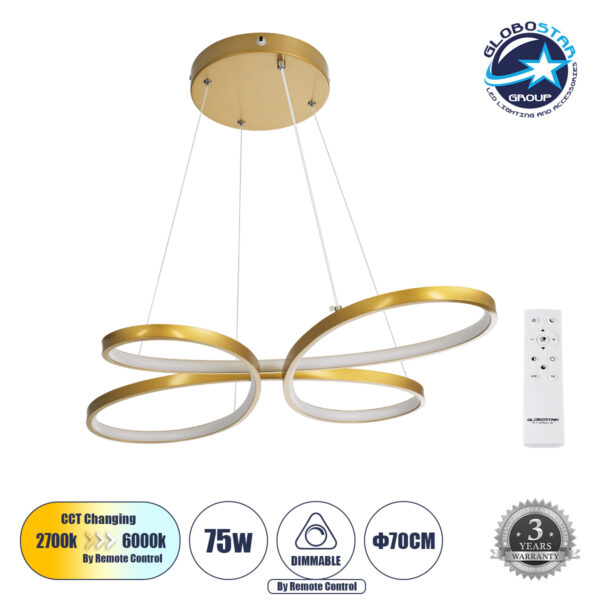 GloboStar® BUTTERFLY 61393 Κρεμαστό Φωτιστικό Οροφής Design LED CCT 75W 8400lm 300° AC 220-240V - Εναλλαγή Φωτισμού μέσω Τηλεχειριστηρίου All In One Ψυχρό 6000k+Φυσικό 4500k+Θερμό 2700k Dimmable Μ71 x Π52 x Υ4cm - Χρυσό Βούρτσας - 3 Years Warranty