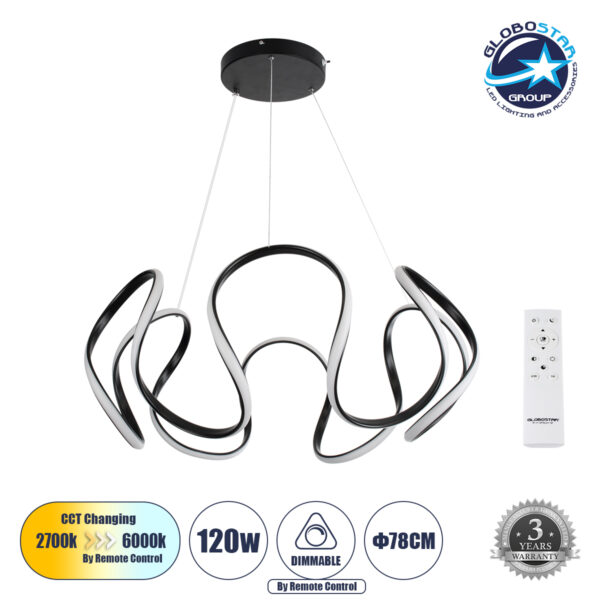 GloboStar® TARANTULA 61394 Κρεμαστό Φωτιστικό Οροφής Design LED CCT 120W 13440lm 300° AC 220-240V - Εναλλαγή Φωτισμού μέσω Τηλεχειριστηρίου All In One Ψυχρό 6000k+Φυσικό 4500k+Θερμό 2700k Dimmable Φ78 x Υ31.5cm - Μαύρο - 3 Years Warranty