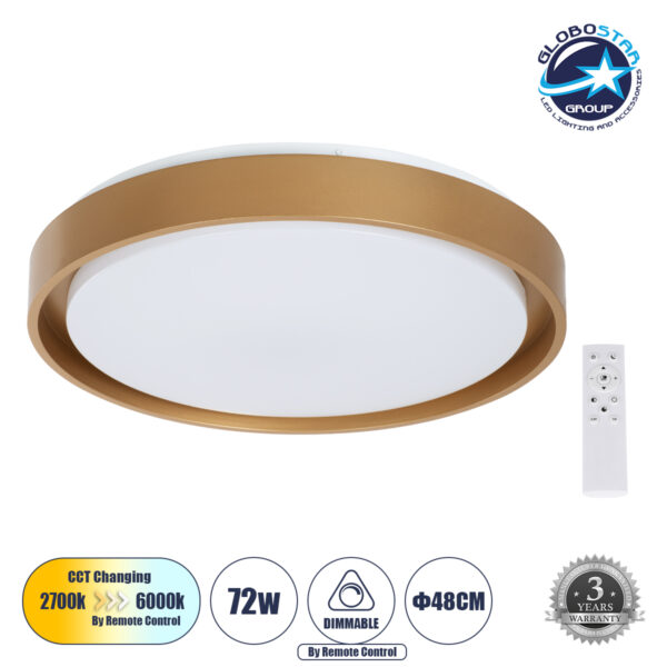 GloboStar® BARCHETTA 61399-S Πλαφονιέρα Οροφής LED CCT 72W 8306lm 120° AC 220-240V - Εναλλαγή Φωτισμού μέσω Τηλεχειριστηρίου All In One Ψυχρό 6000k+Φυσικό 4500k+Θερμό 2700k Dimmable Φ48cm - Χρυσό - 3 Years Warranty